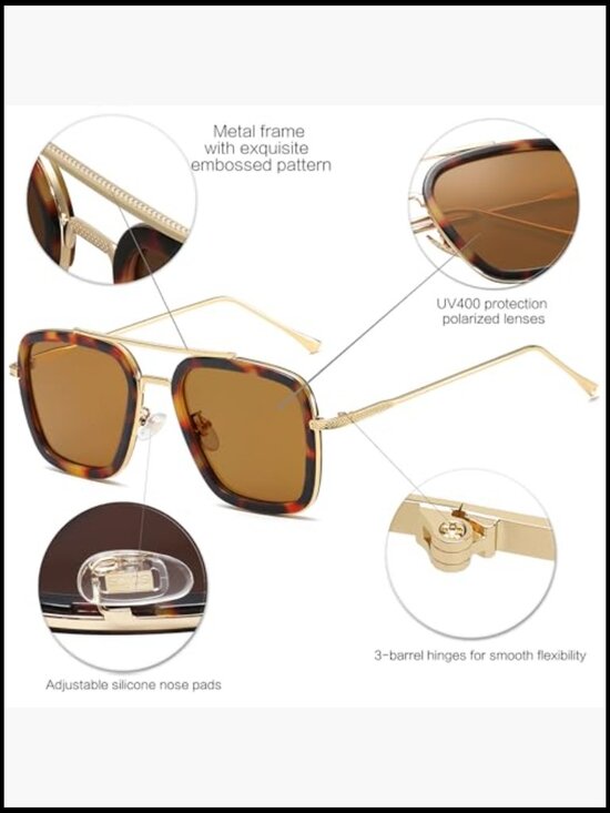 Polarized Retro Square Sunglasses with Alloy Frame UV400 Protection